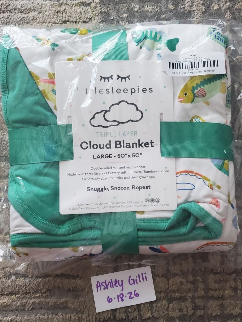 NEW Little Sleepies Gone Fishin' Large Cloud Blanket